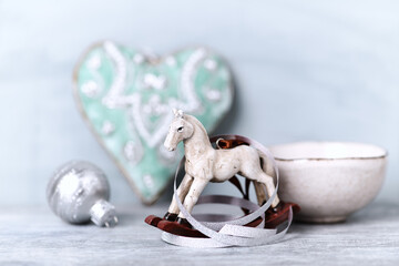 Christmas decoration. Bright wooden background. Close up.	