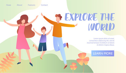 Obraz na płótnie Canvas Family exploring the world. Happy family, relationship concept. Cartoon colorful vector illustration with text for banner, postcard, template and advertising. Website, web page, landing page template
