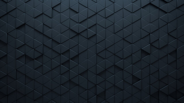 Futuristic, High Tech, dark background, with a triangular block structure. Wall texture with a 3D triangle tile pattern. 3D render