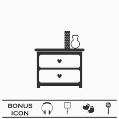 Dresser with vases icon flat.