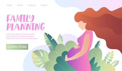 Concept of family planning. Pregnant woman with belly. Cartoon flat vector illustration with text for banner, postcard, template and advertising. Website, web page, landing page template