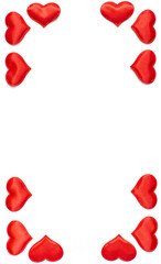 vertical frame made of red hearts isolated on white background, Valentine's day concept. flat lay