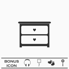 Dresser with drawers icon flat.