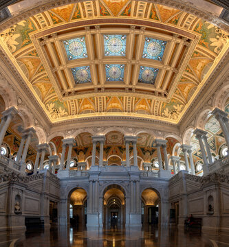 Washington D.C., United States of America - April 1, 2019: A panorama picture of the Great Hall of the Library of Congress.