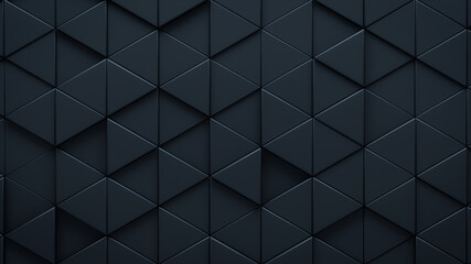 Futuristic, High Tech, dark background, with a triangular block structure. Wall texture with a 3D triangle tile pattern. 3D render
