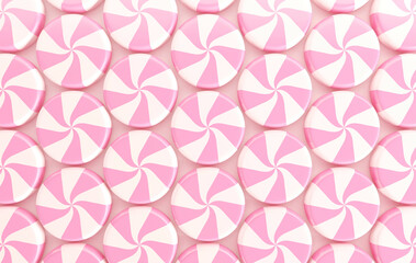 Round colored candies on a pink background. Lollipops. Sweet background. 3D rendering.