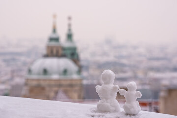 Little snowmen in Prague. Christmas mood in Prague. 
