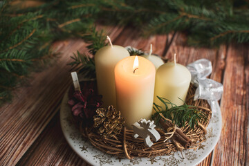 Advent candles on wooden background