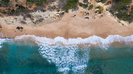 Aerial perspectives of a south Spanish beach in Andalusia with turquoise blue water. Andalusian...