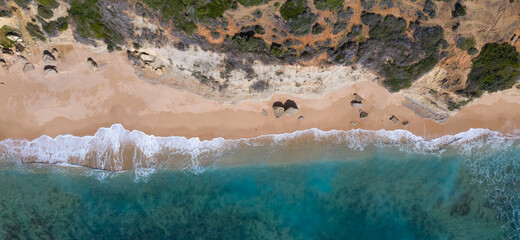 Aerial perspectives of a south Spanish beach in Andalusia with turquoise blue water. Andalusian...