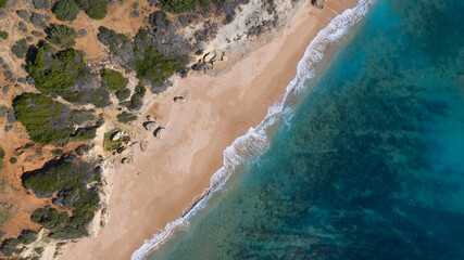 Aerial perspectives of a south Spanish beach in Andalusia with turquoise blue water. Andalusian...