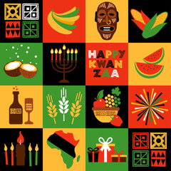Banner for Kwanzaa with traditional colored and candles representing the Seven Principles or Nguzo Saba. Collgage style. - 397289725