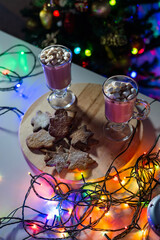 Composition for Christmas night. Cocoa and gingerbread for santa claus