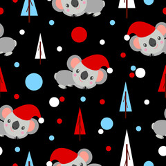 Fototapeta na wymiar Seamless pattern with koala babies in red Christmas hats lying and smiling. Fir trees. Black background. White, red and blue confetti. Post cards, scrapbooking, textile, wallpaper, wrapping paper