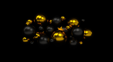 Black and gold balls on a black background. Flying glossy gold and matte black balloons. Golden stars. 3d rendering