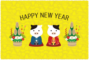 2021年賀状　着物の男女の丑　HAPPY NEW YEAR　黄色