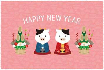 2021年賀状　着物の男女の丑　HAPPY NEW YEAR　ピンク