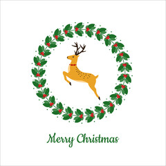 Colorful Christmas card with festive laurel and reindeer elements. Brown deer. Holly wreath. Merry Christmas and Happy New Year. Eps 10