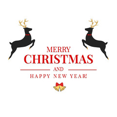 Christmas card. Merry Christmas and Happy New Year. Congratulation. Two black reindeer with golden antlers jumping on a white background. Vector eps 10.