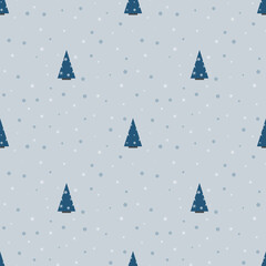 Christmas tree seamless pattern. Blue Christmas trees with white snowflakes on gray background. Happy New Year and Merry Christmas. Vector illustration. EPS 10