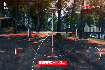 abstract futuristic background of technology sci fi frame hud ui screen of robot command with route path