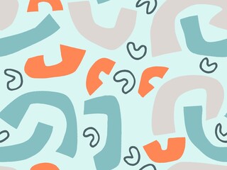 Seamless abstract doodle background pattern in bright summer positive colors. Hand-drawn abstract pattern with randomly arranged spots and dots and lines. Pencil and paint texture.