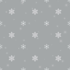 Naklejka na ściany i meble Christmas pattern with white snowflakes on grey background. Vector illustration EPS 10.