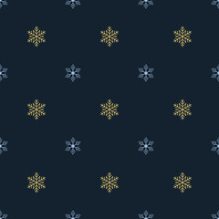 Christmas pattern. Vector seamless pattern with white and golden snowflakes isolated on a bark blue background. Vector illustration EPS 10.