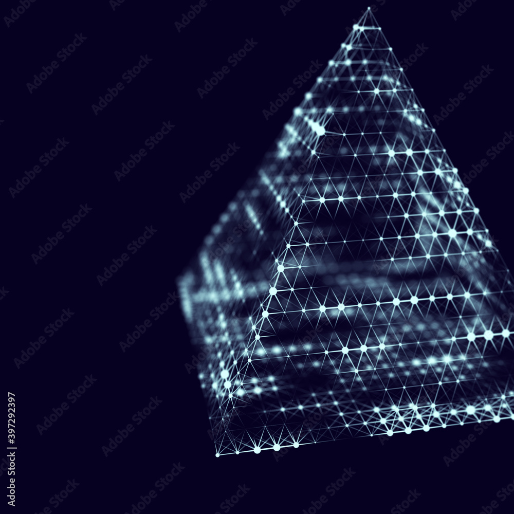 Poster Lighting pyramid with connecting dots and lines. Shining blue triangles on dark background. Concept of connection structure.