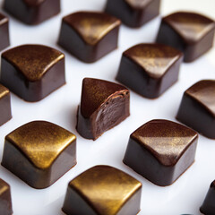 Cut luxury chocolate handmade candy bonbons with ganache decorated with golden edible glitter on white background. Exclusive handcrafted bonbon