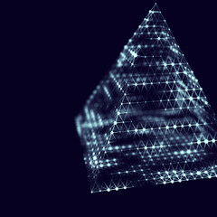 Lighting pyramid with connecting dots and lines. Shining blue triangles on dark background. Concept of connection structure.