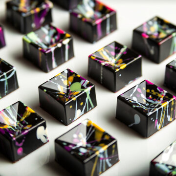 luxury chocolate handmade candy bonbons with ganache decorated with colorful abstract art on white background. Exclusive handcrafted bonbon