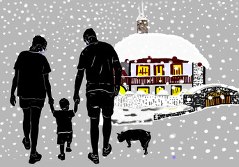 paesaggio nevoso con famiglia sotto la neve con albero di natale
