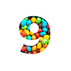 Number nine of colourful candies and paper cut in shape of ninth numeral isolated on white. Festive eatable typeface
