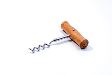 Corkscrew wine bottle opener with wooden handle isolated on white background. Close up 