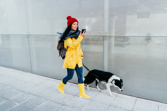 Woman using smart phone while walking with dog on footpath by wall during autumn