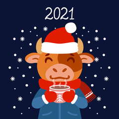 The bull with a cup of tea in winter wear. Ox with a cocoa standing in snow. The symbol of the Chinese New Year 2021. Greeting card with a mouse for the New Year and Christmas.