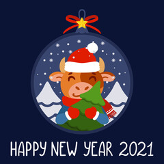 Christmas ball with image bull with tree. Ox with fir tree. Symbol of the Chinese New Year 2021. Xmas greeting card, poster design. Vector illustration with cute character. Hand drawn lettering quote.