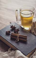 Obraz na płótnie Canvas Cup of lemon hot tea honey and cinnamon stick with dried star anise (anason) on a book .Cold season herbal drink detox . Copy text space