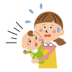 ポップな親子　赤ちゃんとママ　赤ちゃんが泣いてあわてるママ