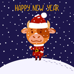 Cute little bull in santa claus costume. Ox symbol of the Chinese New Year 2021. Merry Christmas and Happy new year greeting card, poster design. Vector illustration isolated background.
