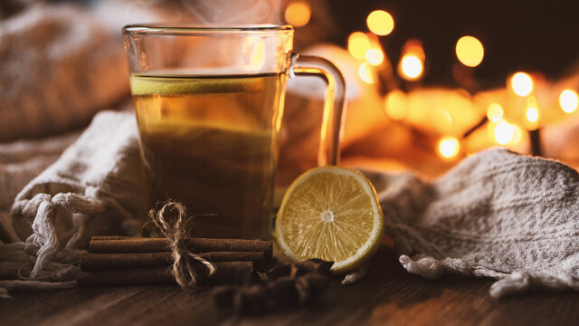 Cup of lemon hot tea honey and cinnamon stick with dried star anise (anason) cold season herbal drink detox