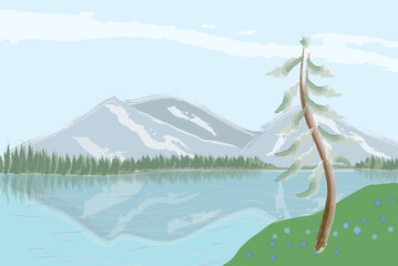 Mountain Lake - A peaceful landscape with mountains, a lake, and trees.