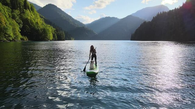 Aerial drone view of pretty fit woman paddle on sup board at mountain lake during sunset with her dog. Concept of active tourism. Female silhouette doing water sport during summer holidays.