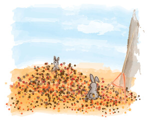 Rabbits in the Autumn Leaves - Two brown rabbits playing in an autumn leaf pile.