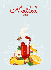 Mulled wine or hot christmas punch on frosty blue background. Vector illustration. - 397295371