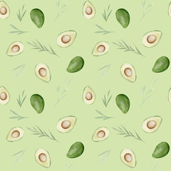 Avocados background. Healthy meal. Watercolor hand drawing seamless pattern.