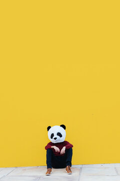 Male in panda mask sitting against yellow wall