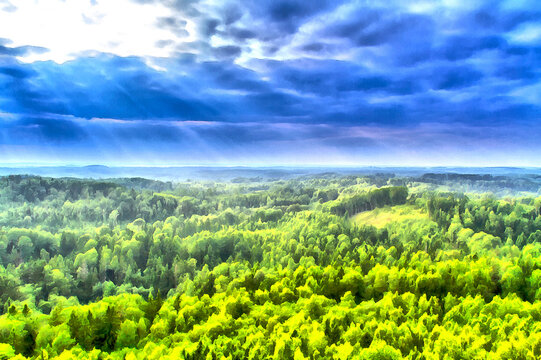 Aerial view on forest plain with sunset sky colorful painting