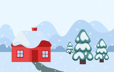 Obraz na płótnie Canvas Winter landscape with house, christmas trees and snow. Xmas background